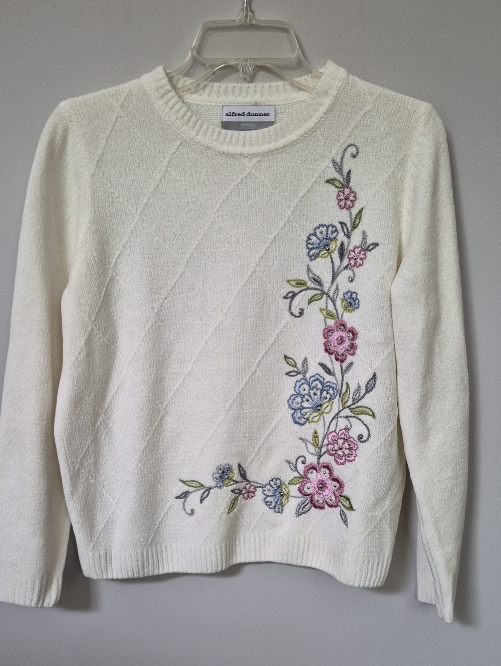 Alfred Dunner Cream Textured Sweater Beaded With Floral Embroidery Womens MP